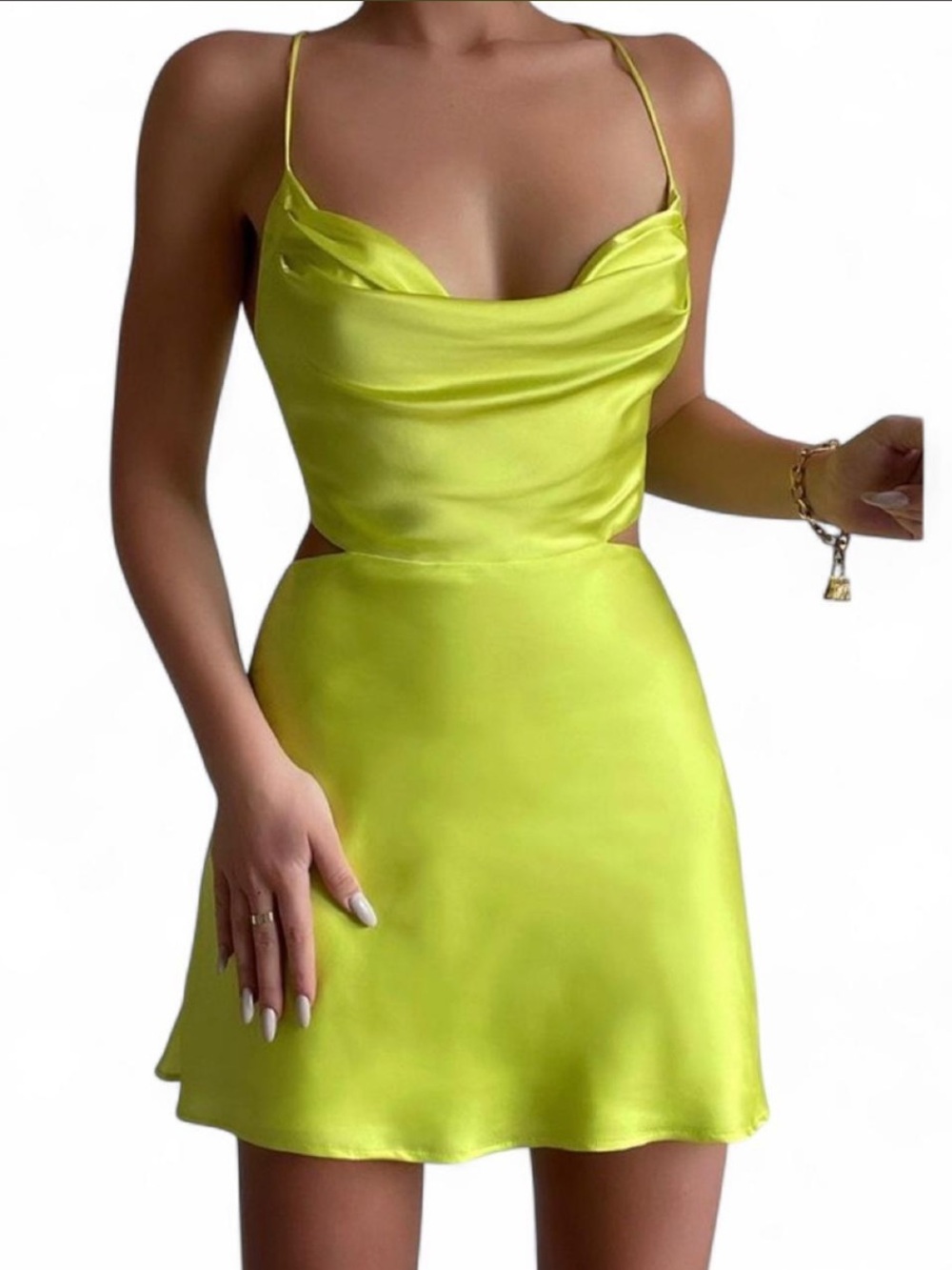 Runaway Neon Lime Satin Cowl Mini Dress